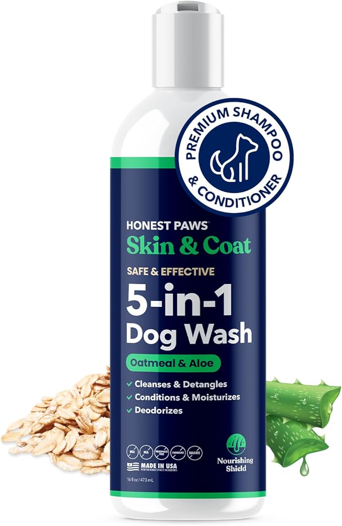Honest Paws Dog Shampoo and Conditioner - Premium Dog Wash for Allergies and Dry, Itchy, Moisturizing for Sensitive Skin - Sulfate Free, Plant Based, All Natural - Oatmeal & Aloe -16 Fl Oz
