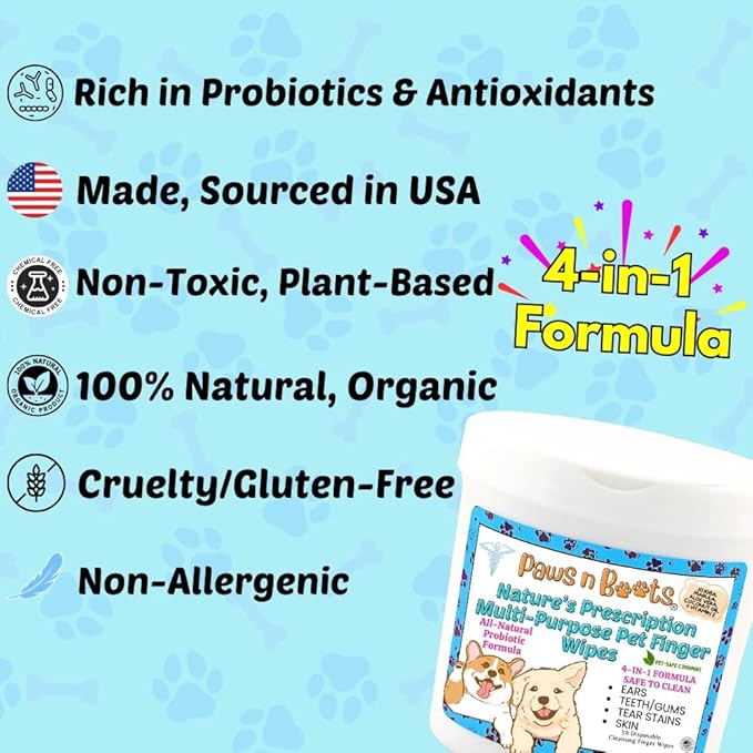 Pet Wipes - Multi-Purpose Finger Wipes to Cleanse Ears, Freshen Breath, Whiten Teeth, Soothe Skin and Tear Stain Removal. Pre-Formulated with 100% Natural, Plant-Based, Safe, & Beneficial Ingredients.