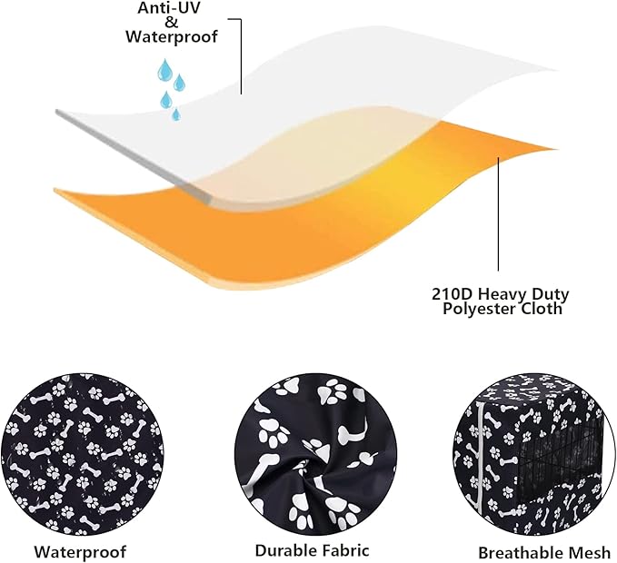 Morezi Dog Crate Cover for Wire Crates,Cage, Heavy Nylon Durable Waterproof Windproof Pet Kennel Cover Indoor Outdoor Protection - Cover only - Black Paw Bone - Large