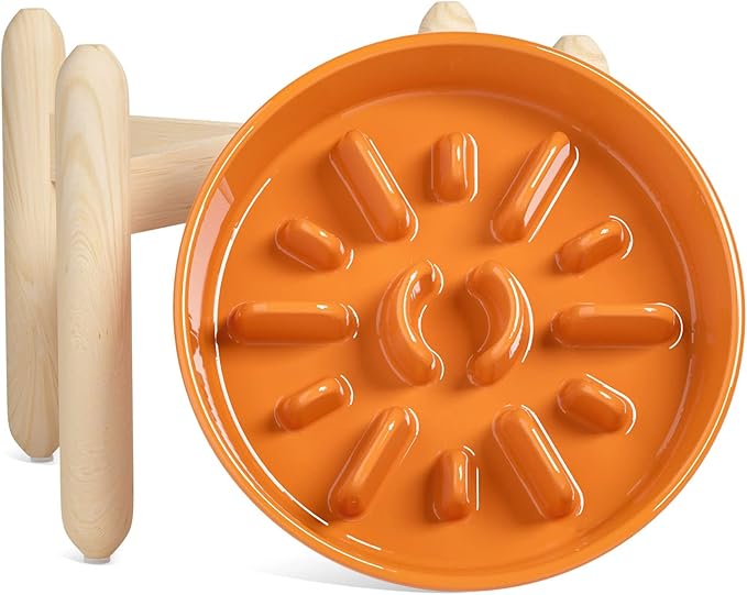 LE TAUCI Ceramic Slow Feeder Dog Bowl Elevated, 3 Cups Raised With Wooden Stand for Medium Large Breed, Dishes to Slow Down Eating, Puzzle Food Bowl, Sun Orange