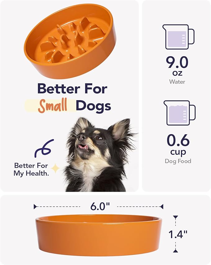 LE TAUCI Ceramic Slow Feeder Dog Bowls Small Breed, 0.6 Cups Dog Food Dish for Fast Eaters, Puzzle Bowl for Small Dogs and Cats,Orange