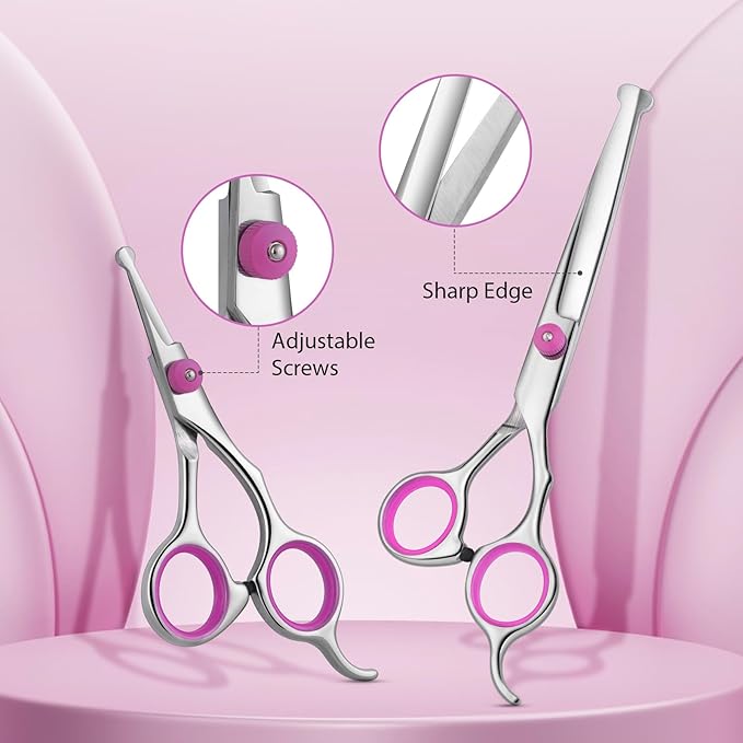 Maxshop Dog Grooming Scissors - 5 Pack Professional Titanium Stainless Steel Dog Scissors Kit Hair Cutting Thinning Shears for Dogs and Cats Heavy Duty Pet Grooming Scissors Set (Pink Set of 5)