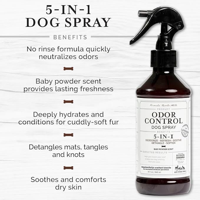 5-in-1 Dog & Pet Deodorizer Spray, Odor Control & Detangling - Fresh Lavender scent with Oatmeal & Aloe for coat health & shine. Vet-Recommended Grooming Perfume & Hypoallergenic Dog Cologne 8oz 240ml