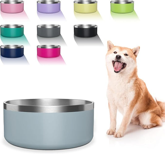 Stainless Steel Bowls for Large Dogs, 64 Ounces/8 Cup Food and Water Bowl, Double Wall Weighted Dish, Rustproof Metal Pet Bowls With Non-Slip Silicone Base