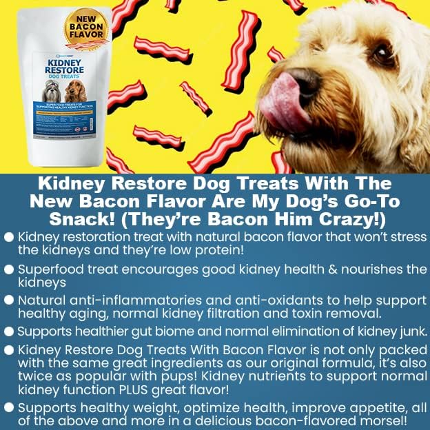 Kidney Restore Bacon Dog Treats 8oz for Petite Dogs. Low Protein Dog Treats for Kidney Support for Small Dogs. Renal Treats for Any Kidney Dog Diet.