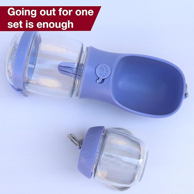 Dog Water Bottle with Food Container Holder, Travel Puppy Drinking Bowl, Portable Pet Water Dispenser, Patented Design, Food Grade Plastic 12 oz Water Bottle+100g Snack cans