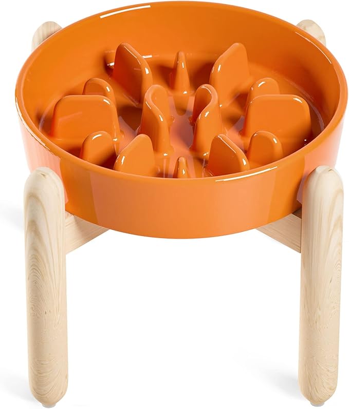 LE TAUCI Ceramic Slow Feeder Dog Bowls Elevated for Small and Medium Breed, Dog Bowls with Wooden Stand, 1.5 Cups Dog Dishes to Slow Down Eating, Anti-Gulping Pet Feeding Dishes, Sun Orange