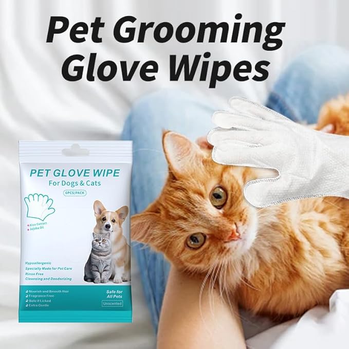 Cleaning Glove for Dog and Cat, Wipes Gloves for Dog and Cat Fur Face, Ear, Eye, Paws Cleaning Wipes Pet Wash Free Gloves, Grooming Wipes for Pet No Rinse Thick Dog Wipes Gloves(6 Pcs)