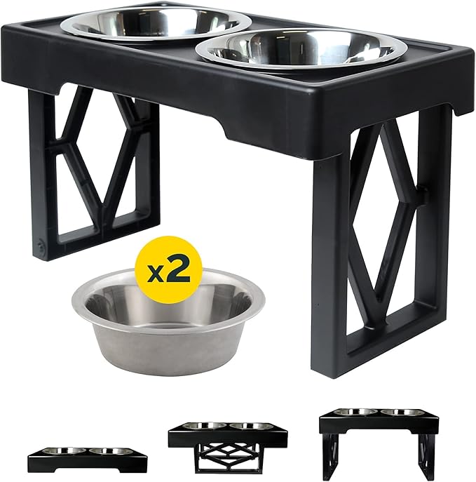 Pet Zone Designer Diner Bundle Adjustable Elevated Dog Bowls for Large Dogs, Medium and Small - Raised Dog Bowl Stand, Bowls for Food and Water Stainless Steel, 3 Heights, 2.75, 8", & 12''