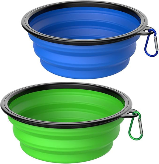 Takfox Collapsible Dog Bowls [2 Pack] 20 oz, Travel Dog Bowls, Pet Bowl Portable Foldable Water Food Feeding Dishes with Carabiner Clip for Traveling Hiking Walking-Green & Blue