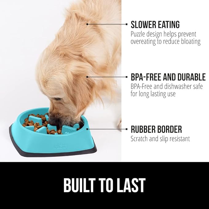 Gorilla Grip Slow Feeder Dog and Cat Bowls, Interactive Puzzle Toy for Dogs and Cats Food Training, Keeps Pets Busy and Prevents Puppy Overeating, Large, Small Breeds, 100% BPA Free, 2 Cup Turquoise
