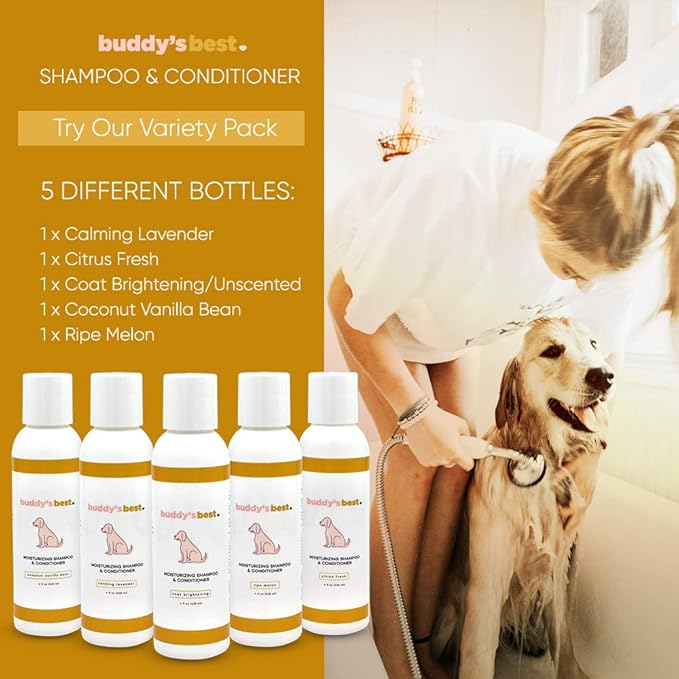 Buddy’s Best 4oz Travel-Size Dog Shampoo and Conditioner with Shea Butter, Oatmeal, Biotin, and Aloe Vera, Alcohol-Free Deep Moisturizer for Dry, Itchy Skin and Coats (Coat Brightening)