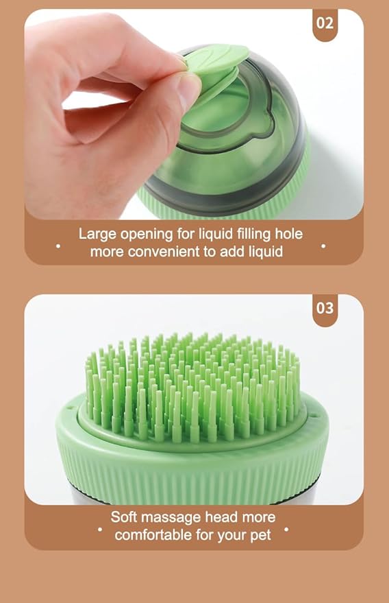 GERGOL - Dog Cat Bath Brush Comb Silicone Rubber Dog Grooming Brush Silicone Puppy Massage Brush Hair Fur Grooming Cleaning Brush Soft Shampoo Dispenser with release button 2 Replaceable Brush (Green)