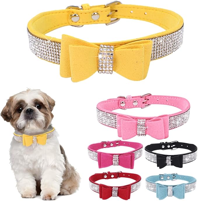 Yellow Medium Dog Collar for Girl,Diamond Dog Collar with Bow tie, Female Cat Collars Rhinestone Crystal Jeweled Bling Sparkling Glitter for Small Medium Large Dogs,M