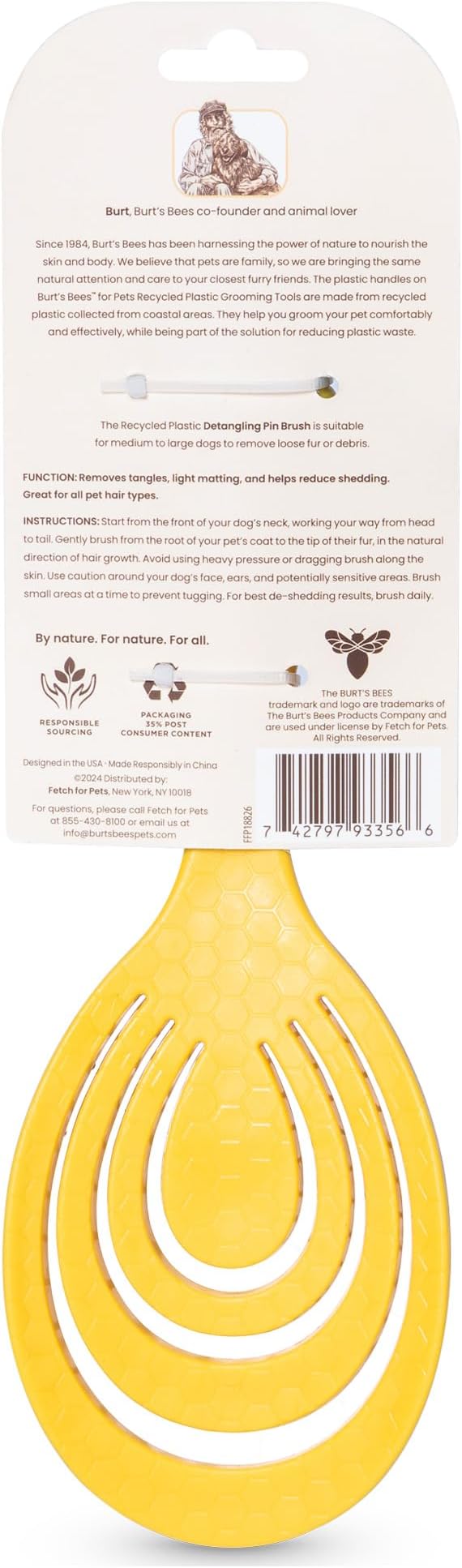 Burt’s Bees for Pets Detangling Pin Brush for Dogs with Medium to Long Hair with Handle Made from Recycled Plastics Collected from Coastal Communities | Dog Brush Removes Tangles and Loosens Matting
