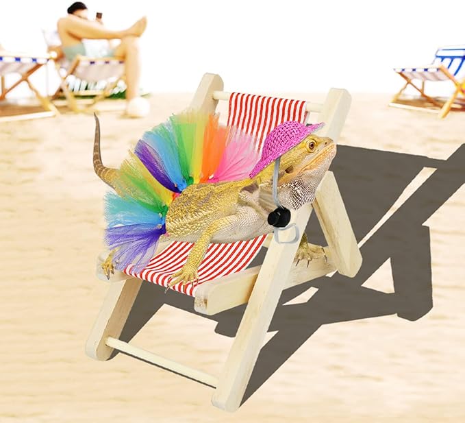 Vehomy Bearded Dragon Costume Bearded Dragon Hat for Lizards Bearded Dragon Tutu Skirt & Reptile Mini Deck Chair Small Pet Costume Outfits Clothes Photo Props for Lizards Geckos Hamsters Rats 3Pcs
