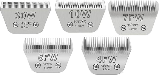 30W+10W+7FW+5FW+4FW Wide Blades for Dog Grooming, Compatible with Ainds, Oster A5, Wahl Km10 and Other Series Clippers, Cut Length 1/50"(0.5mm) to 3/8" (9.5mm), Fit for Larger Animals
