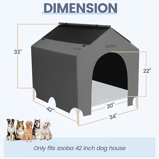 42” Durable Dog House Cover - Waterproof & UV-Resistant 600D Oxford Fabric Canopy for Outdoor Kennels - Cover Only, Fits 36"x30"x44" Houses - Protective Large Breed Shelter Top - Cool Grey