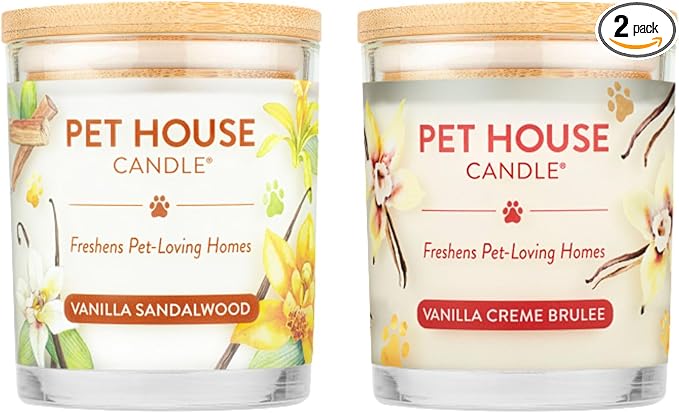One Fur All Pet House Candle 2 Pack - Plant-Based/Soy - Clean Burning, Long Lasting Pet Odor Candle - Vanilla Sandalwood, Vanilla Creme Brulee