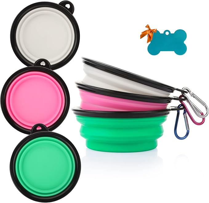 Collapsible Dog Bowls, 3 Pack Collapsable Doggy Water Bowl for Cats Dogs, Portable Travel Dog Feeding Watering Dish for Pet Camping Walking with 2 Carabiners