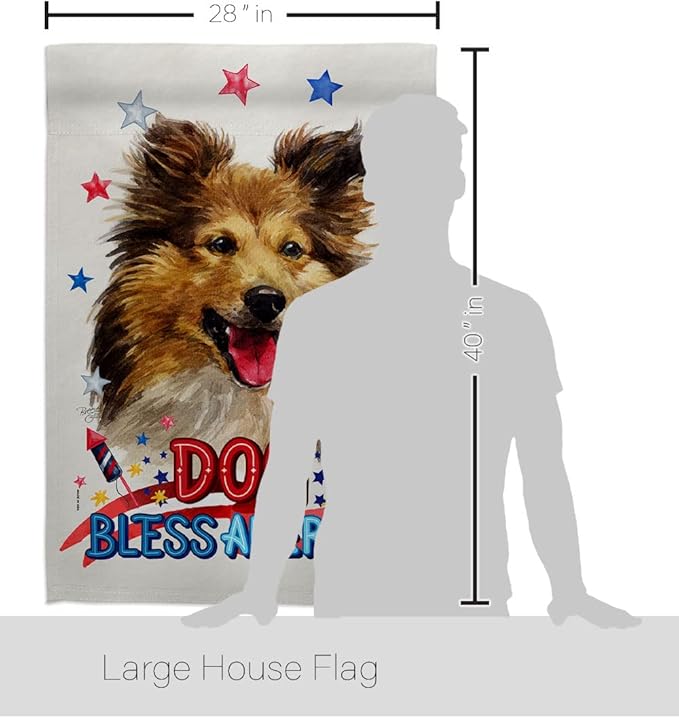 Breeze Decor Patriotic Shetland Sheepdog House Flag Pack Dog Puppy Spoiled Paw Canine Fur Pet Nature Farm Animal Creature Vintage Applique Banner Small Garden Yard Gift Double-Sided, Made in USA