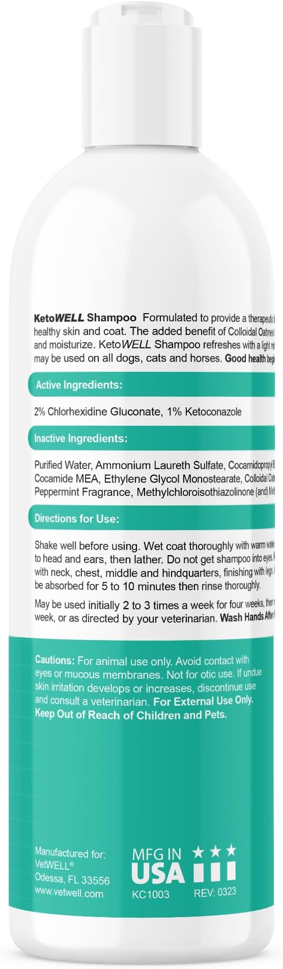 VetWELL Shampoo for Dogs Cats & Horses - Topical Shampoo with Oatmeal & Aloe -12oz Mint Scent