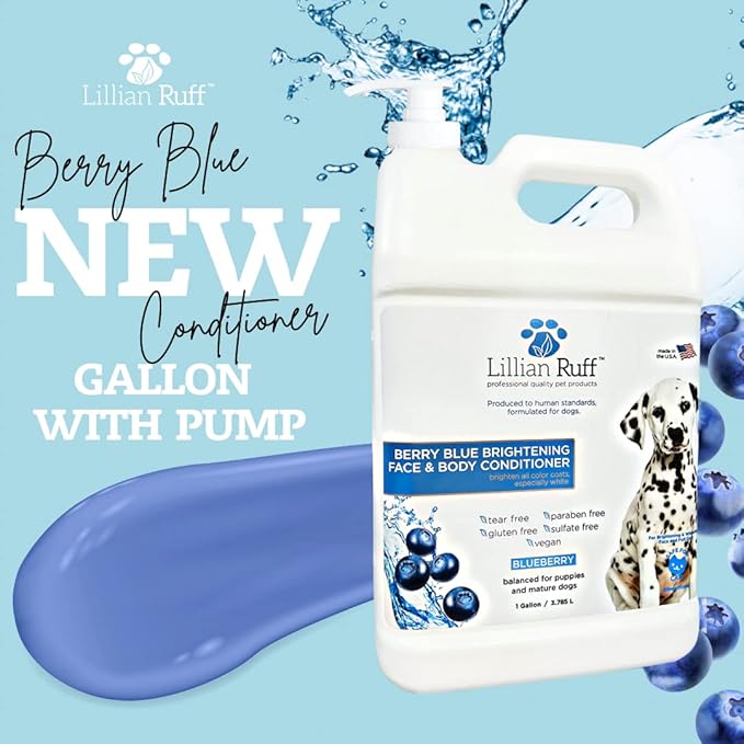 Lillian Ruff Berry Blue Brightening Face & Body Conditioner for Dogs & Cats - Tear Free Blueberry Conditioner - Remove Tear Stains, Hydrate Dry Skin, Add Shine & Luster to Coats - (Gallon W/Pump)