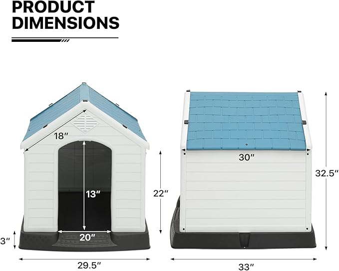 MoNiBloom 32.5 Inch Insulated Dog House for Small to Large Dogs, Waterproof Dog Shelter with Air Vents and Elevated Floor, All Weather Indoor Outdoor Plastic Doghouse, Easy Assembly