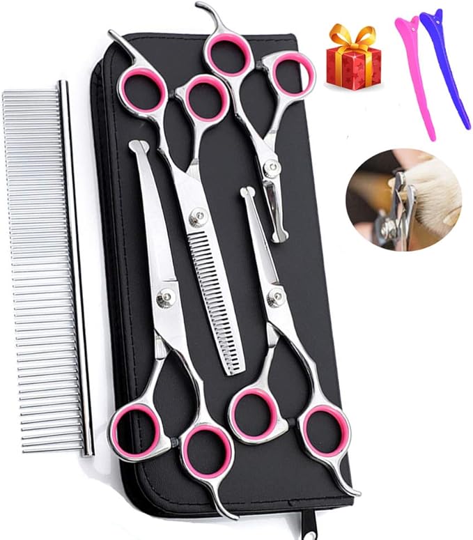 Dog Grooming Scissors kit with Safety Round End, Pet Grooming Trimmer Set with Blunt Tip-Thinning, Straight, Curved Shears tool with Comb, Nail Cliper and Nail File for Long Short Fur of Cat and Puppy