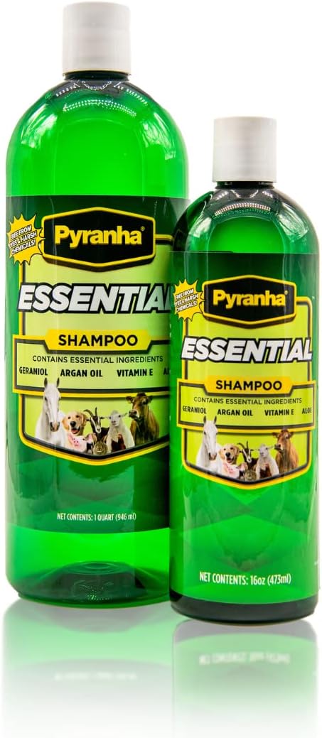 Pyranha Essential Shampoo - with Geraniol, Argain Oil, Vitamin E, Coconut Oil, and Aloe Vera - Die & Paraben Free, Long Lasting Smell, Biodegradable - Shampoo for Horse, Dogs, Cats, and More - 16 OZ