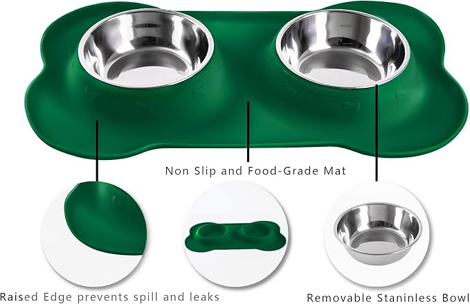 Hubulk Pet Dog Bowls 2 Stainless Steel Dog Bowl with No Spill Non-Skid Silicone Mat + Pet Food Scoop Water and Food Feeder Bowls for Feeding Small Medium Large Dogs Cats Puppies (X- L, Huntergreen)