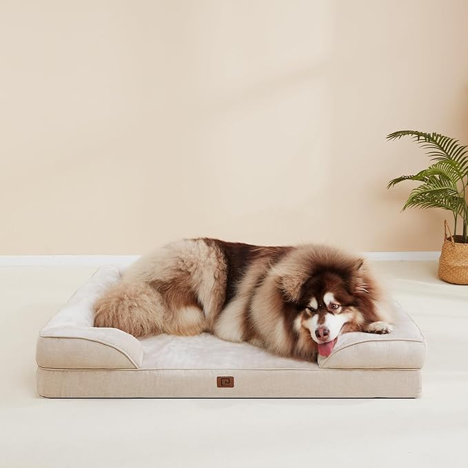 EHEYCIGA Orthopedic XL Dog Beds, Waterproof Memory Foam Dog Bed for Extra Large Dogs, Non-Slip Bottom and Egg-Crate Foam Big Dog Couch Bed with Washable Removable Cover, Beige