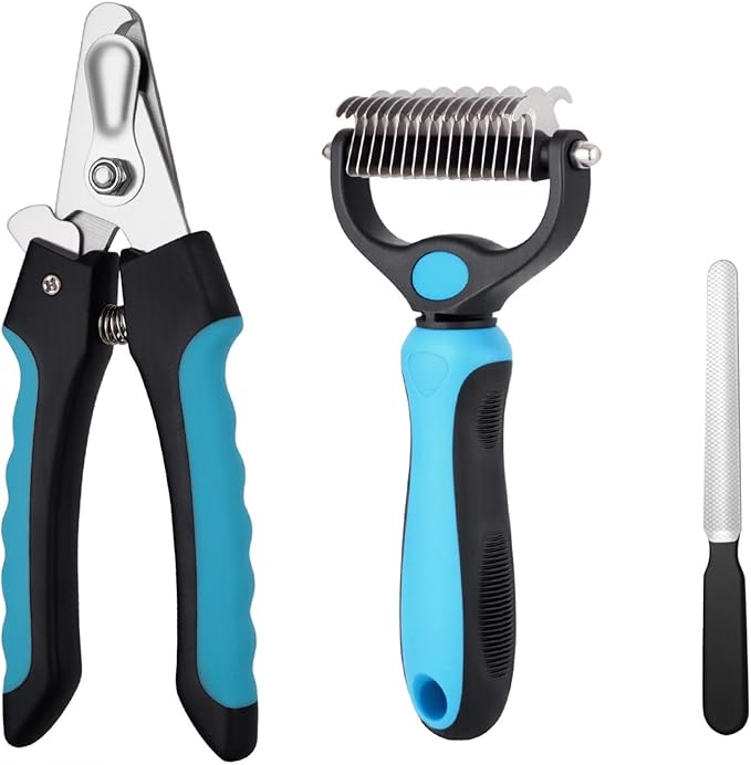 All-in-One Pet Grooming Kit: Nail Clippers with Safety Guard, Nail File & Dematting Comb, Comfortable for Pets & Owners