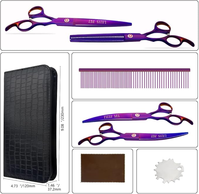 LILYS PET Professional PET DOG Grooming Coated Titanium scissors suit Cutting&Curved&Thinning shears (7.5 inches, Purple)…