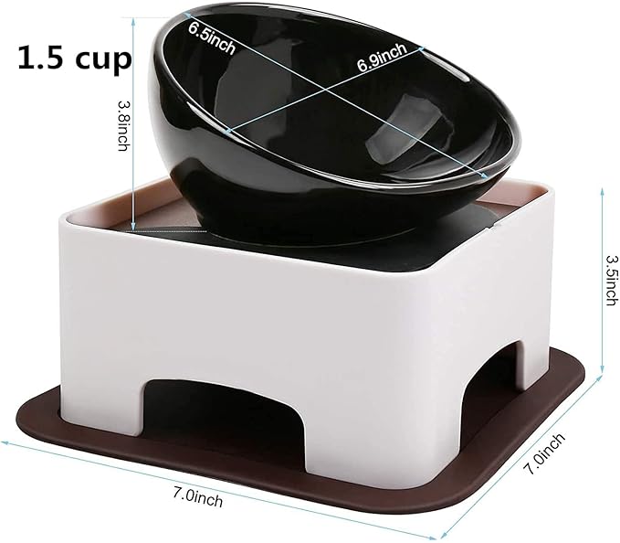 Bulldog Bowl Anti-Slip Dog Cat Dish Detachable Rubber Dog Bowl Pet Sterile Tilted Pet Feeder Slope Base (White（Ceramic Bowl）, 1.5 Cup (Small/Medium Dog))