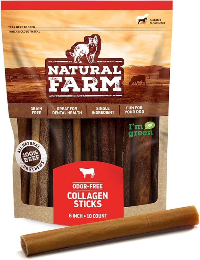 Natural Farm Collagen Dog Chews. 6 Inch, 10 Pack. Odor-Free Long Lasting Bully Sticks & Rawhide Alternative Dog Treats, 95% Collagen Low Fat, High Protein Best Dental Dog Treats – Medium & Large Dogs