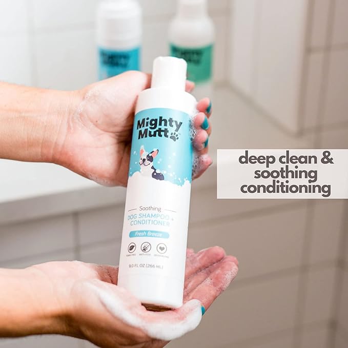 Mighty Mutt Soothing Dog Shampoo and Conditioner + Brush Bundle | Fresh Breeze (9 fl oz) | Deodorizes Smelly Dogs | Detangles | Natural, Hypoallergenic & Anti-Itch Dog Shampoo Sensitive Skin