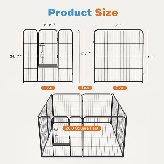 Dog Playpen, 8 Panel 32” Height Puppy Fence Exercise Pen for Yard Gate, Indoor Outdoor Heavy Duty Anti-Rust Metal Playpens with Doors Portable for RV Camping - Small/Medium/Large Pets
