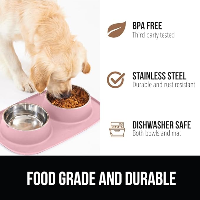 GORILLA GRIP Patent Pending 100% Waterproof BPA Free Cat and Dog Bowls Silicone Feeding Mat Set, Stainless Steel Bowl Slip Resistant Raised Edges, Catch Water, Food, Pet Accessories, 1 Cup, Light Pink