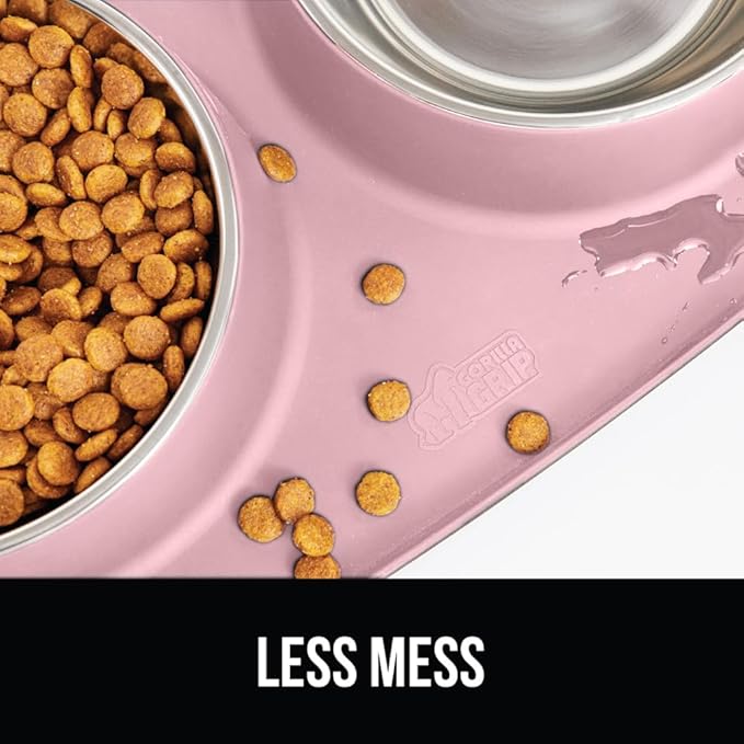 GORILLA GRIP Patent Pending 100% Waterproof BPA Free Cat and Dog Bowls Silicone Feeding Mat Set, Stainless Steel Bowl Slip Resistant Raised Edges, Catch Water, Food, Pet Accessories, 1 Cup, Light Pink