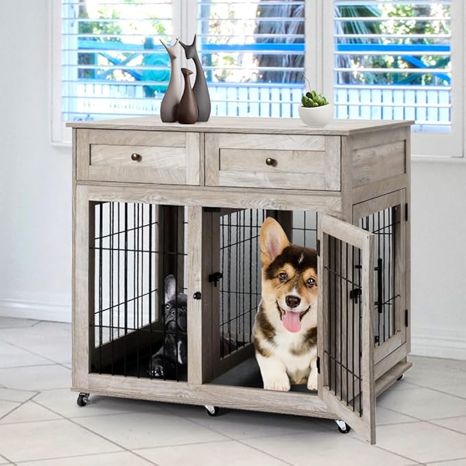 Dog Crate Furniture, Wooden Dog Kennel with Room Divider and Tray, Double Rooms Dog Cage, Wooden Dog Crate Table with 2 Drawers End Table