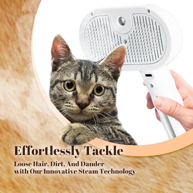 Cat Steam Brush, 3 in 1 Pet Spray Hair Removal Comb for Shedding & Grooming, Pet Grooming Brush with Spray, One-Click Release Button and Tank, Spritz Defur Comb for Cats Dogs, Effective (White)