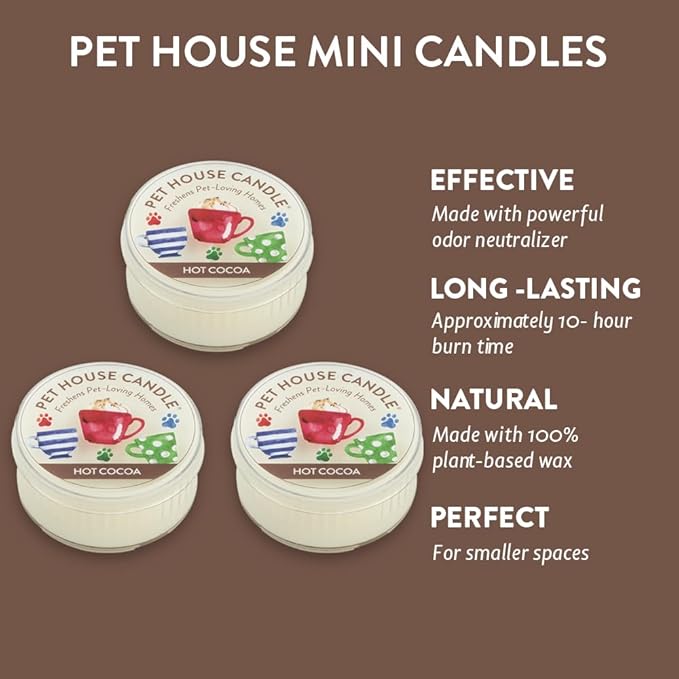 One Fur All Pet House Mini Candles for Pet Odor Made with Natural Soy Wax, Plant Based, Dog and Cat Friendly Scented Candles, Hot Cocoa Pack of 3