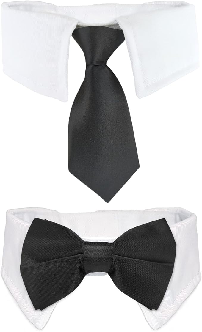 Pet Ties, KOOLMOX Handcrafted Adjustable White Collar with Black Tie and Bow for Pet, Cat Bow Tie for Medium Sized Dogs Tuxedo Tux Suits, Wedding Birthday Valentines Day Grooming, 2 Pack Black