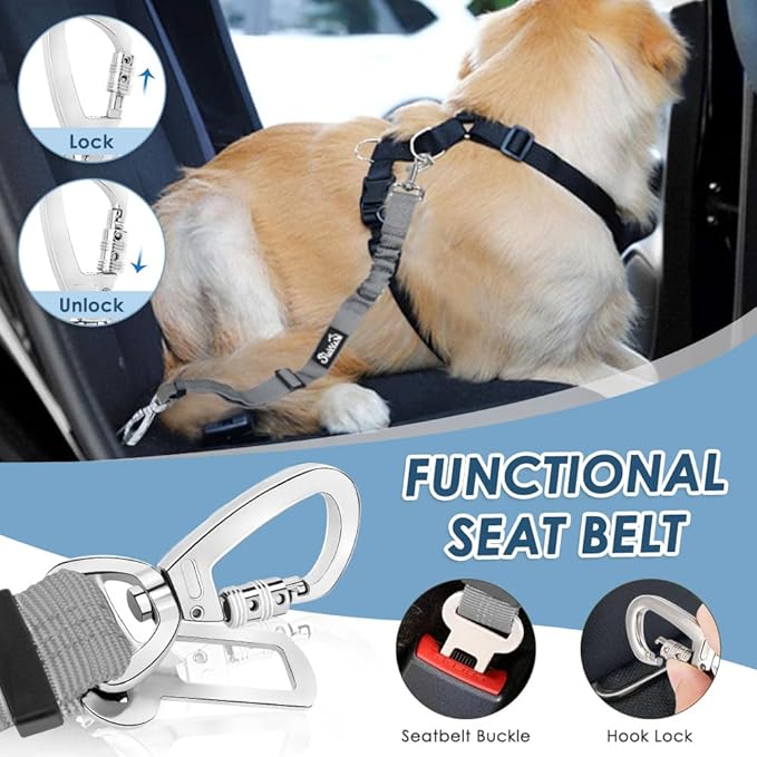 SlowTon Dog Seatbelt, 2 Pack Dog Seat Belt Car Leash Adjustable Elastic Bungee Buffer Heavy Duty Nylon Reflective Pet Safety Tether Connect to Dog Harness for Travel Riding in Vehicle (Daul Clip, GY)