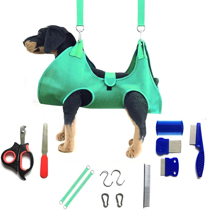 Dog Grooming Hammock with Flea Comb and Dog Nail Clipper, Pet Dog Grooming Hammock Harness with Cat Nail Clipper, Nail File and Dog Brush, Dog Sling for Nail Clipping/Nail Trimming (M, Green)