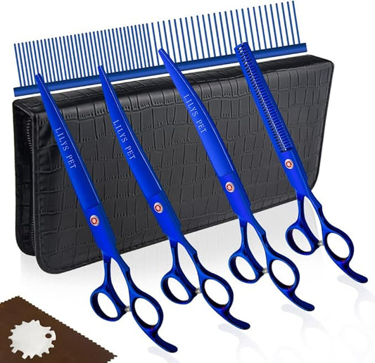 LILYS PET Professional PET DOG Grooming Coated Titanium scissors suit Cutting&Curved&Thinning shears (7.5 inches, Blue)…