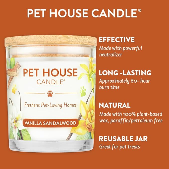 One Fur All - 100% Natural Soy Wax Candle 20 Fragrances - Pet Odor Eliminator, Up to 60 hrs Burn Time, Non-Toxic, Eco-Friendly Reusable Glass Jar Scented Candles– Pet House Candle, Vanilla Sandalwood