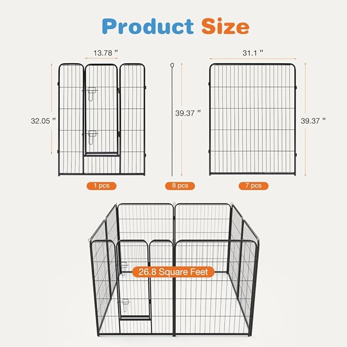 Dog Playpen, 8 Panel 40” Height Puppy Fence Exercise Pen for Yard Gate, Indoor Outdoor Heavy Duty Anti-Rust Metal Playpens with Doors Portable for RV Camping - Small/Medium/Large Pets
