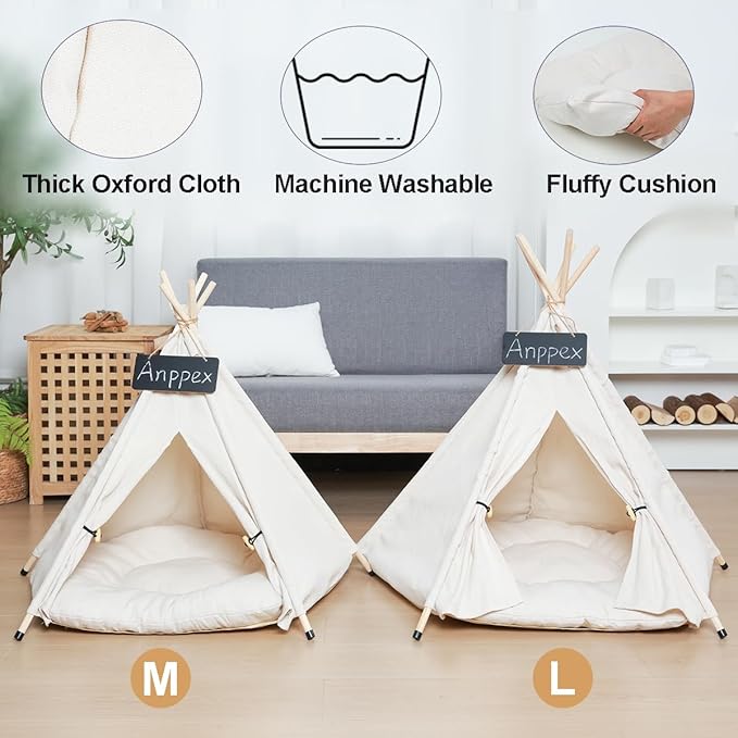 ANPPEX 28-Inch Dog Teepee Tent Indoor,L Size Pet Tent Bed for Medium and Small Dogs,Indoor Dog House with Thick Cushion,White